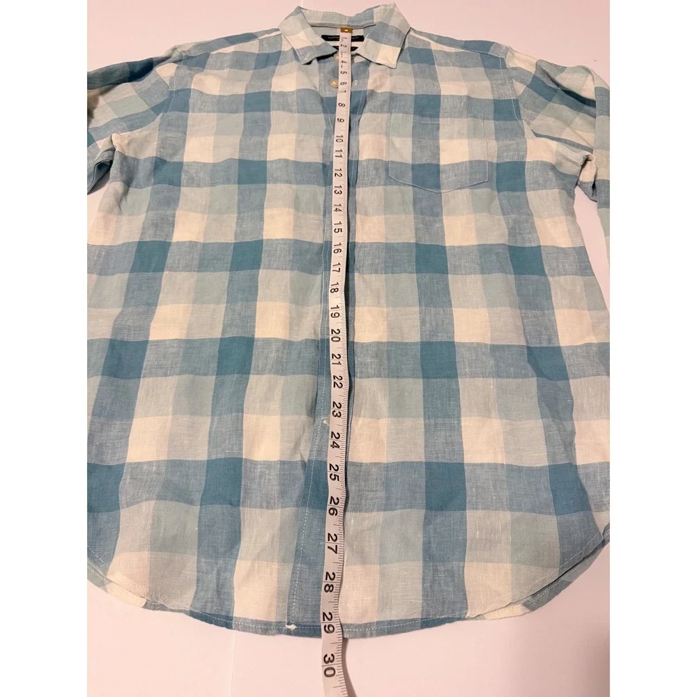 Banana Republic Camden Fit Linen Shirt Mens Small Blue White Buffalo Check Plaid
